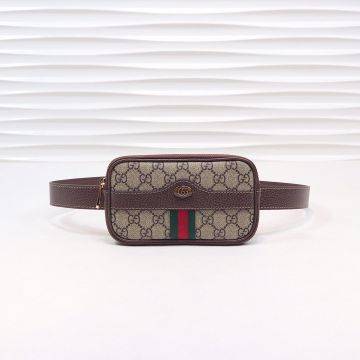 Copy Gucci Ophidia Tartan GG Logo Canvas Body Brown Trim Striped Detail Leather Waistband Women Square Belt Bag