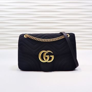  Gucci GG Marmont Black Velvet Argyle Look Flap Gold Double G Logo Elegant Women'S Shoulder Bag