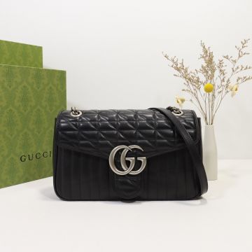 Low Price Vertical Twill Black Quilted Leather Silver Logo GG Marmont Collection— Gucci New Women'S  Small Shoulder Bag