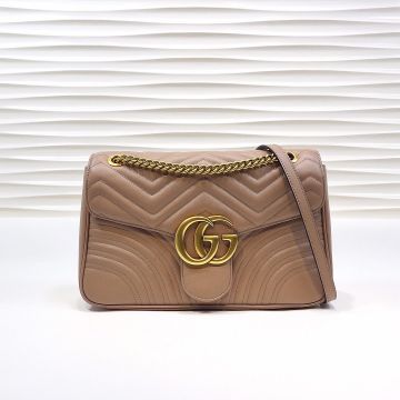  Gucci GG Marmont Ocher Leather Vintage Brass Double G Logo Behind Heart Pattern Simple Shoulder Bag For Female