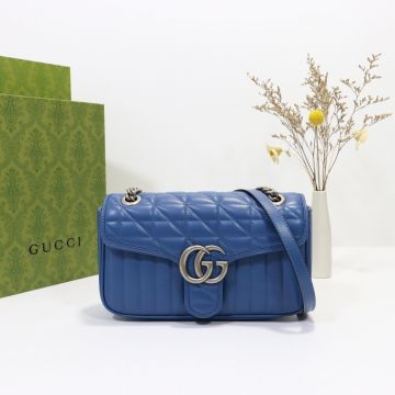 For Sale Blue Leather Vertical Twill Quilted Design Silver Double G Logo GG Marmont— Gucci Elegant Women'S Small Shoulder Bag