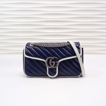  Gucci GG Marmont Dark Blue Look White Leather Trim Twill Quilting Twisted Logo Latest Trendy Shoulder Bag For Ladies