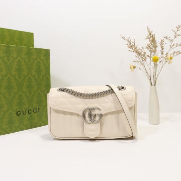 Clone Gucci GG Marmont Women'S White Vertical Twill Quilted Design Snap Closure Flap Simple Style Shoulder Bag