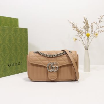 High End Rose Beige Quilted Leather Vintage Silver Hardware Flap Design GG Marmont— Gucci Chain Ladies Shoulder Bag