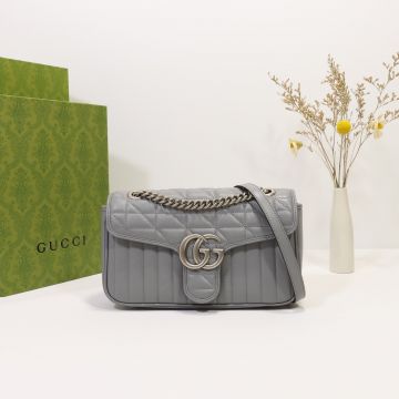  Gucci GG Marmont Ladies Grey Leather Geometric Details Quilted Design Vintage Silver Hardware Understated Shoulder Bag