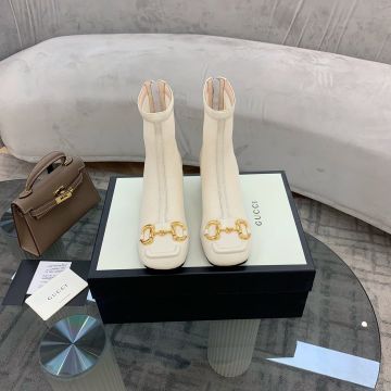  Gucci White Leather & Mesh Golden Horsebit Detail Back Zipper Closure Mid Sculpted Block Heel Square Toe Female Ankle Boots
