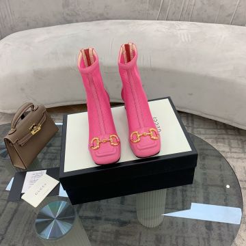 Faux Gucci Sweet Style Pink Mesh & Leather Sculpted Block Heel Square Toe Back Zipper Closure Ladies Yellow Gold Horsebit Spring Ankle Boots