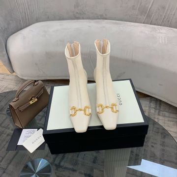 Gucci Fashion Golden Horsebit Mesh Material Metal White Leather Square Toe Kitten Heel Women's Back Zipper Ankle Boots