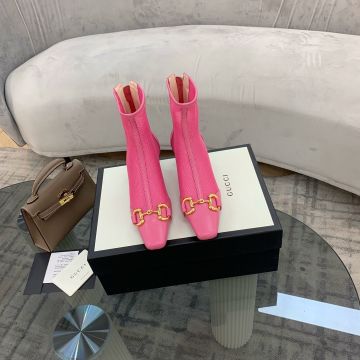  Gucci Square Toe Kitten Heel Yellow Gold Plated Horsebit Pink Leather & Mesh Square Toe Ankle Boots For Ladies