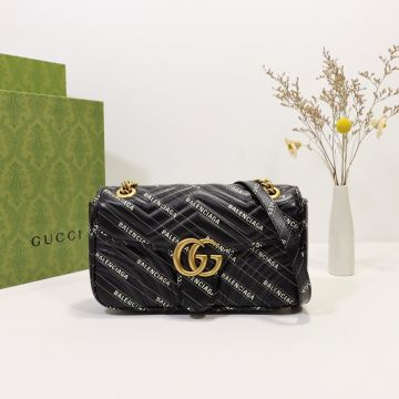  Gucci GG Marmont Black Wavy Quilted Look White Balenciaga Print Gold Double G Shoulder Bag For Ladies