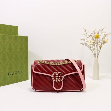 Top Sale Dark Red Twill Quilted Leather Trim Detail Pink Enamel Gold Tone Double G Logo GG Marmont— Gucci Premium Luxury Women'S Small Shoulder Bag