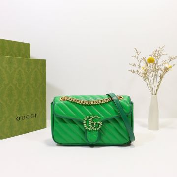  Gucci GG Marmont Emerald Twill Quilted Design Leather Trim Enamel Gold Double G Logo Sophisticated Women'S Small Shoulder Bag