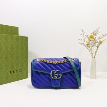 Discounted Blue Twill Quilted Leather Green Trim Enamel Double G Flap Design GG Marmont—Copy Gucci Small Shoulder Bag For Ladies