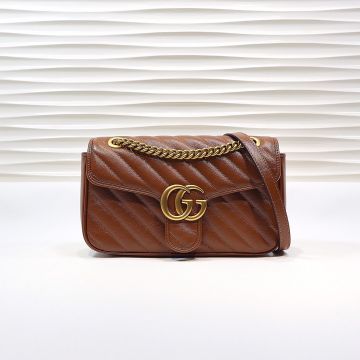  Gucci GG Marmont Brown Twill Quilted Leather Vintage Gold Logo Flap Chain Shoulder Strap Classic Small Shoulder Bag For Ladies