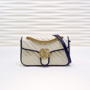Top Quality White Twill Quilted Leather Dark Blue Trim Twisted Floral Band Logo GG Marmont— Gucci Vintage Inspired Shoulder Bag For Ladies