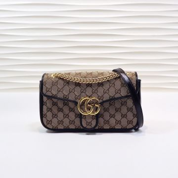  Gucci GG Marmont 2.0 Canvas Look Black Leather Trim Flap Gold Logo Classic Ladies Small Bag