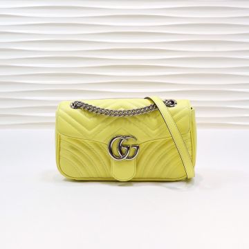 For Sale Yellow Leather Herringbone Quilting Design Vintage Silver Double G Logo GG Marmont—Copy Gucci Cute  Gucci Small Shoulder Bag For Girls