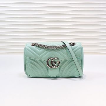  Gucci GG Marmont Collection Aquamarine Leather Matelassé Detail Silver Chain Double G Logo Girls Small Shoulder Bag