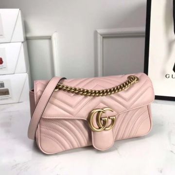 Top Quality Light Pink Leather Wave Quilted Back Heart Pattern Vintage Brass Hardware GG Marmont— Gucci Cute Girl Small Shoulder Bag