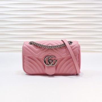 For Sale Pink Leather Wave Quilted Silver Hardware Flap Design GG Marmont— Gucci Small Shoulder Bag For Ladies