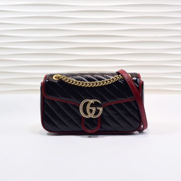  Gucci GG Marmont Black Twill Quilted Red Leather Trim Gold Twist Design Double G Logo Premium Shoulder Bag For Ladies