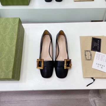 Hot Selling Black Leather Bamboo Decoration Square Toe Low Heel - Replica Gucci Ladies Slip On Pumps Sale Malaysia