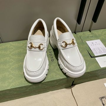 Hot Selling White Patent Leather Yellow Gold Horsebit Flange Moccasins -  Gucci Rubber Lug Sole Female Loafers