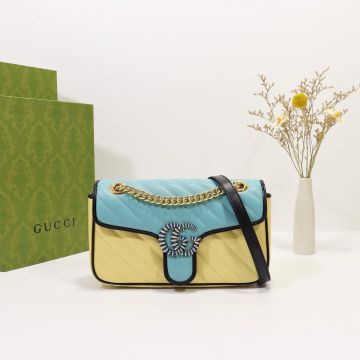 Classic Light Yellow Blue Quilted Leather Black Trim Enamel Detail Double G Logo GG Marmont— Gucci Women'S Shoulder Bag