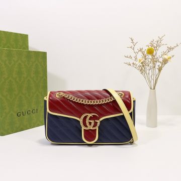  Gucci GG Marmont Blue Red Twill Quilted Leather Yellow Trim Gold Tone Double G Hardware Women'S Small Shoulder Bag