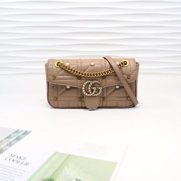  Gucci GG Marmont Beige Quilted Leather Stud Detail Inlaid White Resin Beads Double G Compact Women'S Small Shoulder Bag