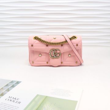 Low Price Pink Quilted Leather Stud Detail Inlaid Pearl Gold Double G Design GG Marmont—Clone Gucci Small Romantic Shoulder Bag For Ladies