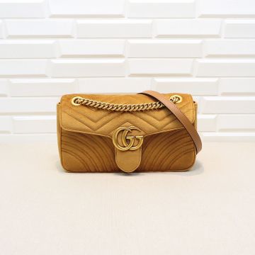  Gucci GG Marmont Brownish Yellow Velvet Quilted Vintage Gold Tone Hardware Flap Double G Logo Ladies Shoulder Bag