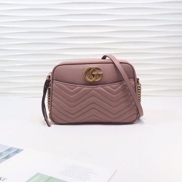  Gucci Nude Pink Wavy Quilted Leather Front Brass Double G Top Double Zip Elegant Ladies Shoulder Bag