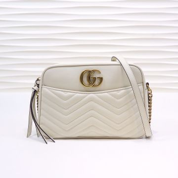 Best Website White Wave Quilted Leather Brass Double G Rounded Shape GG Marmont— Gucci Simple Design Shoulder Bag For Ladies