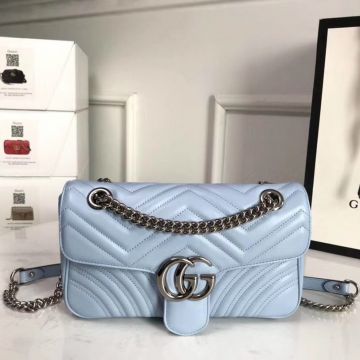 Top Sale Light Blue Twill Quilting Silver Double G Logo GG Marmont— Gucci Small Shoulder Bag For Female
