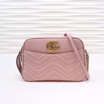 Clone Gucci GG Marmont Light Pink Wave Quilted Leather Brass Double G Logo Top Double Fringe Zipper Design Cute Women'S Shoulder Bag