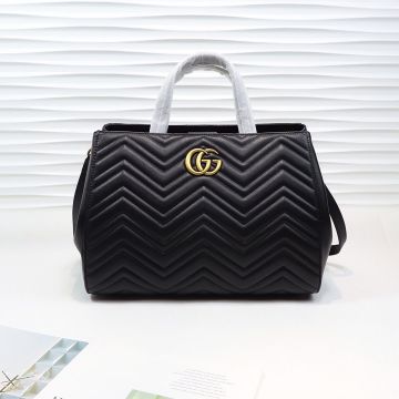  Gucci GG Marmont Black Quilted Wavy Design Vintage Gold Hardware Large Capacity Ladies Medium Tote 443505 DTD1T 1000