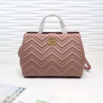 For Sale Nude Pink Quilted Wavy Leather Brass Double G Logo Double Handle GG Marmont— Gucci Elegant Women'S Medium Handbag