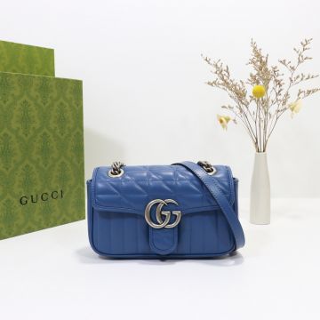  Gucci GG Marmont Blue Geometric Quilted Leather Palladium Hardware Sliding Chain Mini Shoulder Bag For Ladies