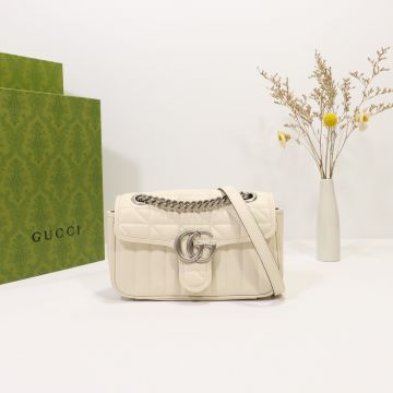Low Price White Leather Vertical Diagonal Quilted Design Silver Double G Logo GG Marmont— Gucci Hot Sale Women'S Mini Shoulder Bag