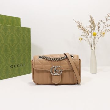  Gucci GG Marmont Rose Beige Quilted Leather Silver Hardware Spring Closure Gentle Style Mini Shoulder Bag For Ladies