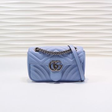  Gucci GG Marmont Light Blue Wavy Quilted Leather Look Silver Piece Flap Spring Buckle Detail Mini Shoulder Crossbody Bag For Girls