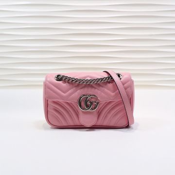 Best Discount Pearl Pink Wave Quilted Leather Silver Double G Flap Detail GG Marmont— Gucci Cute Girl Favorite Mini Shoulder Bag