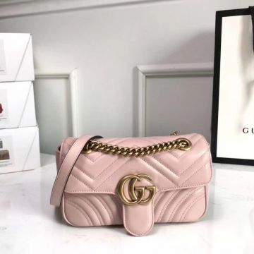 Discounted Baby Pink Leather Herringbone Quilted Gold Double G Spring Buckle GG Marmont— Gucci Romantic Mini Shoulder Bag For Cute Girls