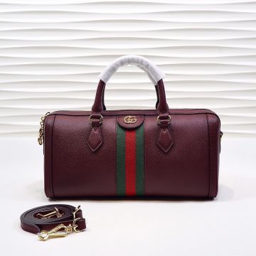 Fake Gucci Red-Green Striped Gold GG Logo Double Zipper Red Genuine Leather Body Tote Bag For Women