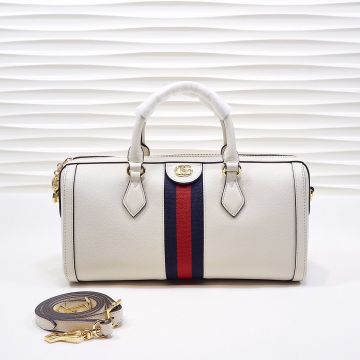 Replica Gucci Ophidia Blue-Red Web Golden Zipper Double G Mark Two Handle White Leather Ladies Barrel Bag 