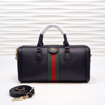Faux Gucci Green-Red Web Canvas Detachable Shoulder Strap Yellow GG Mark Black Leather Female Luggage Bag