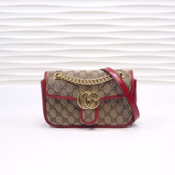  Gucci GG Marmont Beige Canvas Quilted Details Red Leather Trim Gold Double G Logo Shoulder Bag For Ladies