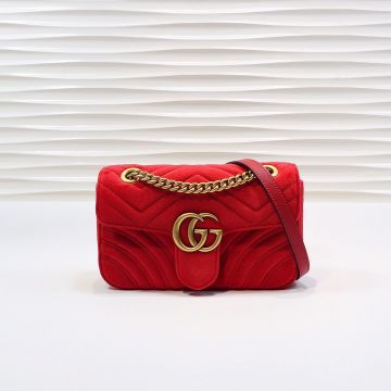 Clone Gucci GG Marmont Red Velvet Quilted Flap Spring Closure Brass Hardware Gorgeous Ladies Mini Shoulder Bag