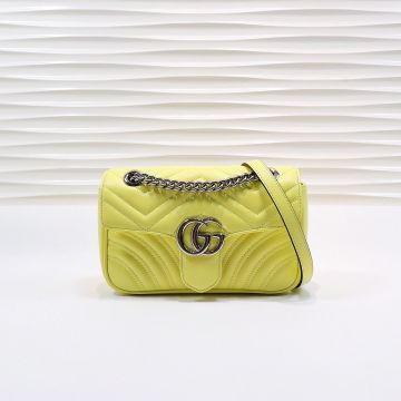 Online Lemon Yellow Leather Quilted Detail Silver Double G Logo GG Marmont Collection— Gucci Cute Mini Shoulder Bag For Girls
